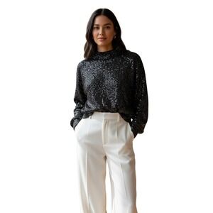 Sequin Cropped Mock Neck Sweater Black Marled Party Knit Fits‎ S NWT